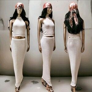 NWT White Textured Highneck Top & Fitted Ibiza Festival Bodycon Maxi Skirt Sz S